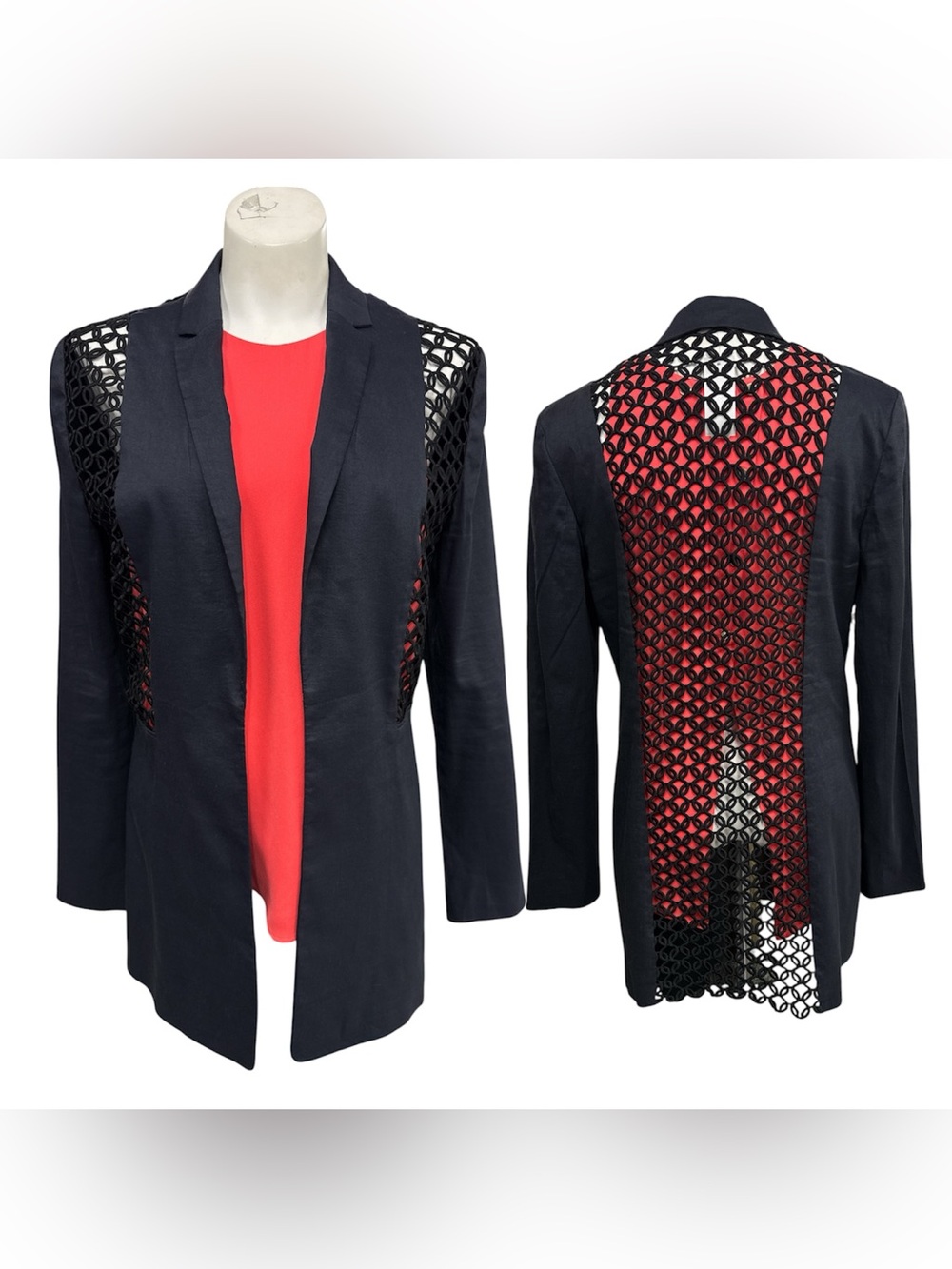 Elie Tahari Black Openwork-Back Blazer with Red Underlayer Size L